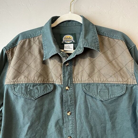 Button Up Patchwork Utility Green Brown Canvas Hunting Shirt L Quilted duck - Picture 4 of 8